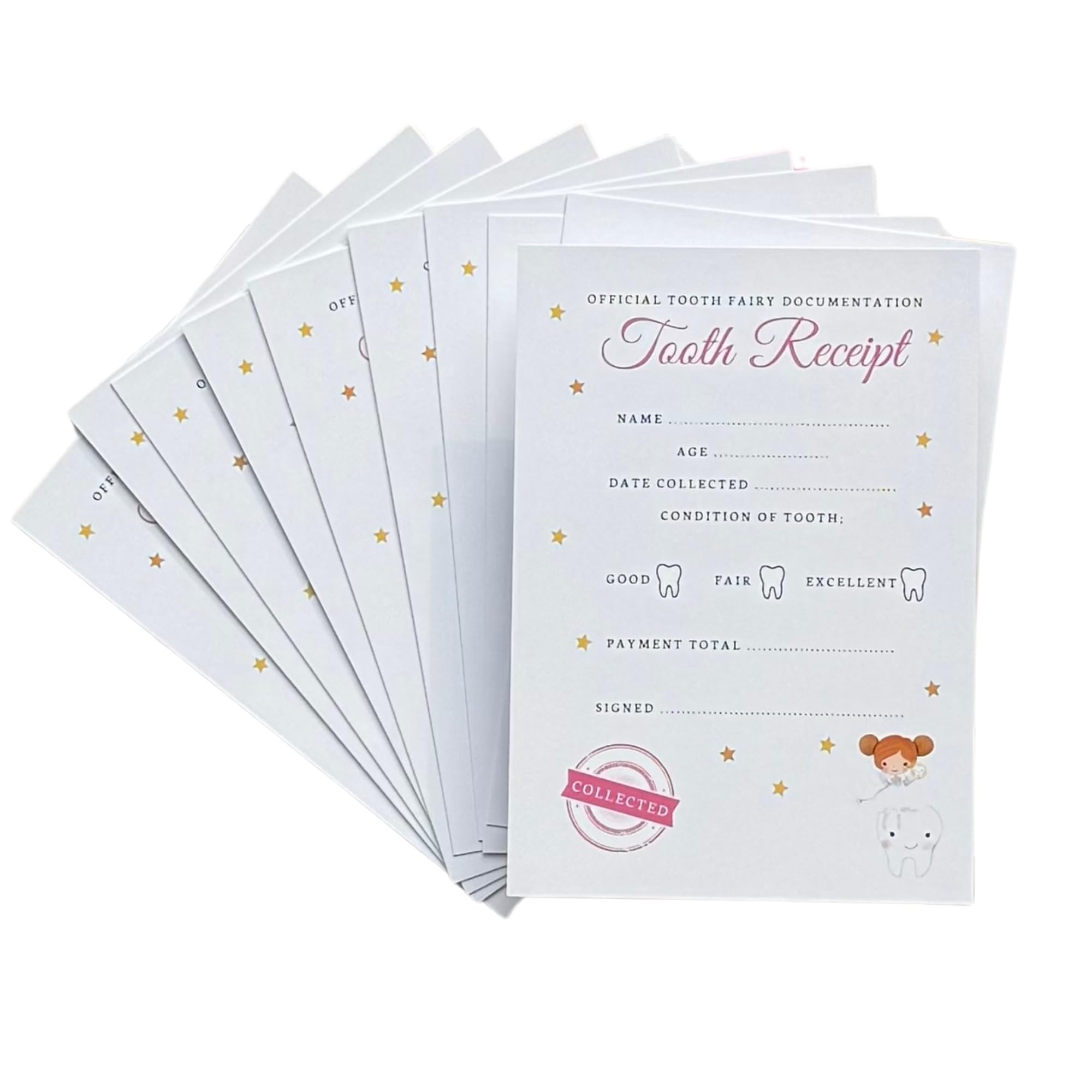Tooth Fairy Receipts Pack of 10 – A6 Tooth Fairy Notes for Girls – Pink Magical Certificate Slips for Lost Teeth