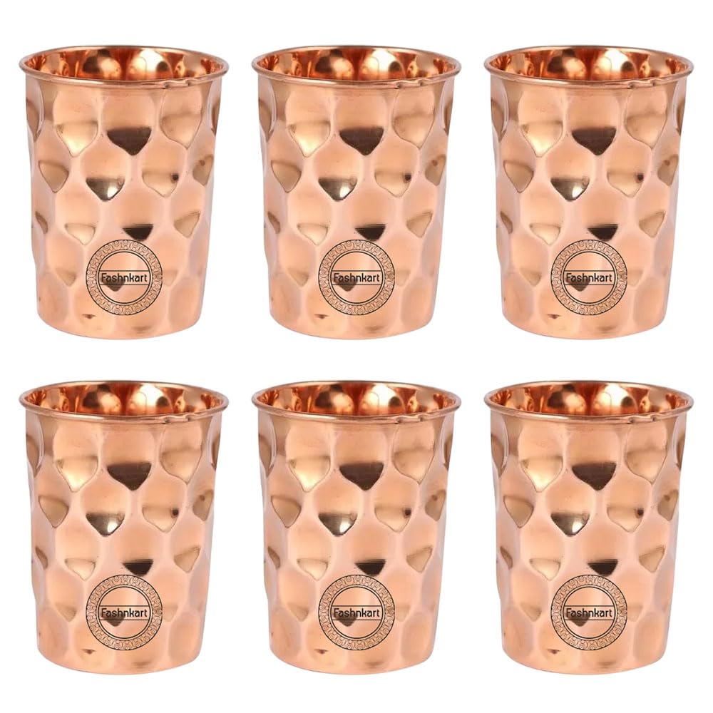 Juego de 6 vasos de cobre puro para beber agua, salud ayurvédica, 300 ml (diamante)