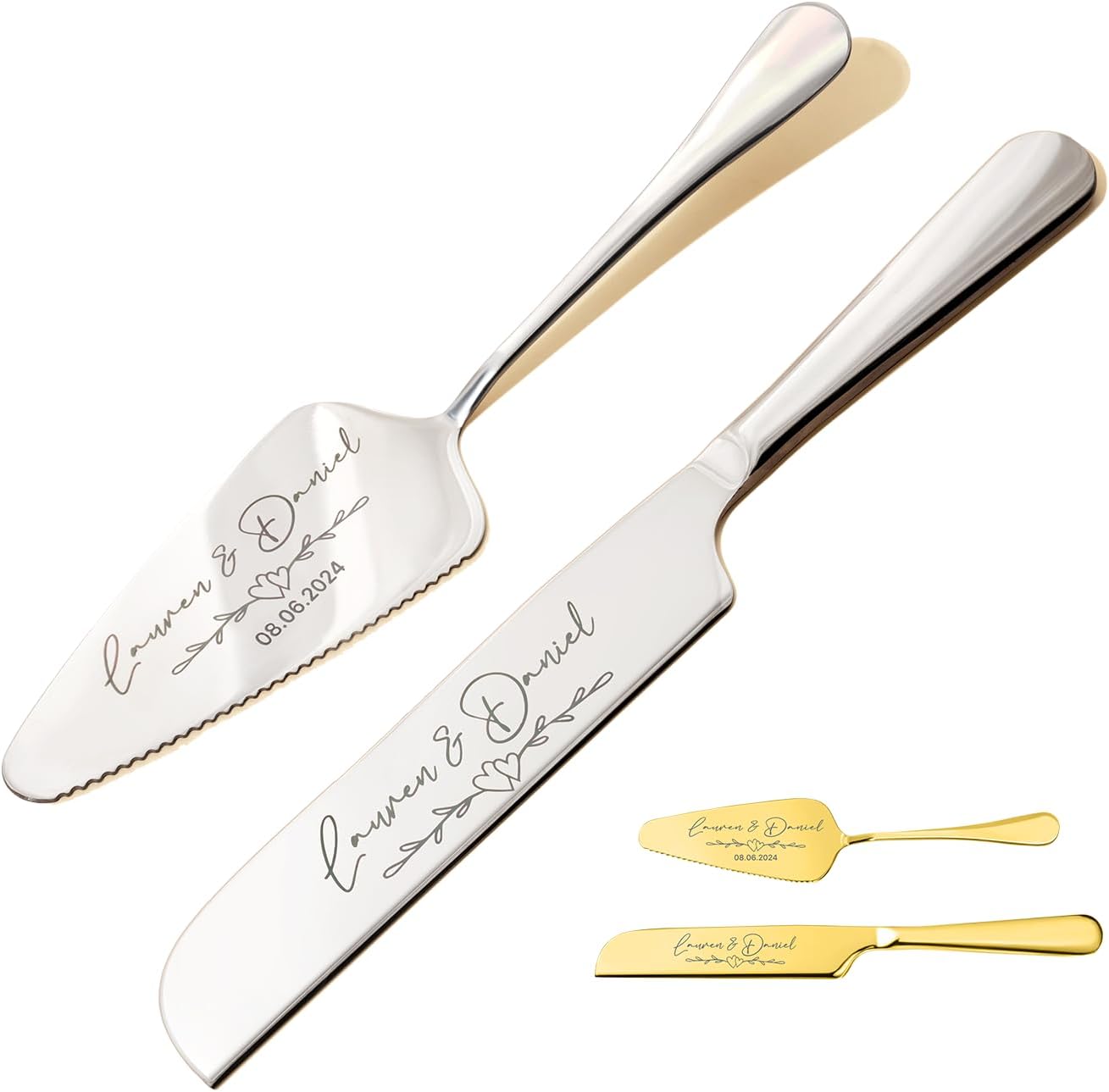 callie Personalized Wedding Cake Knife and Server Set, Custom Cake Cutting Set for Wedding, 2Pcs Engraved Anniversary Engagement Party Gift for Couples (Stainless Steel)