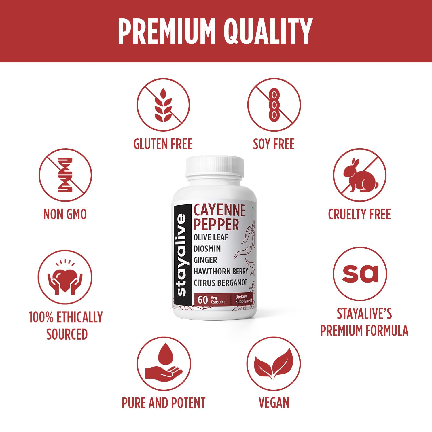 STAY ALIVE Cayenne Pepper Capsules w/Ginger, Garlic, Turmeric, Hawthorn, Diosmin, Citrus, Ceylon Cinnamon and Olive Leaf Extract, 10-in-1 Blend, 60 Pills, Non-GMO & Gluten-Free Supplement - Image 6 thumbnail