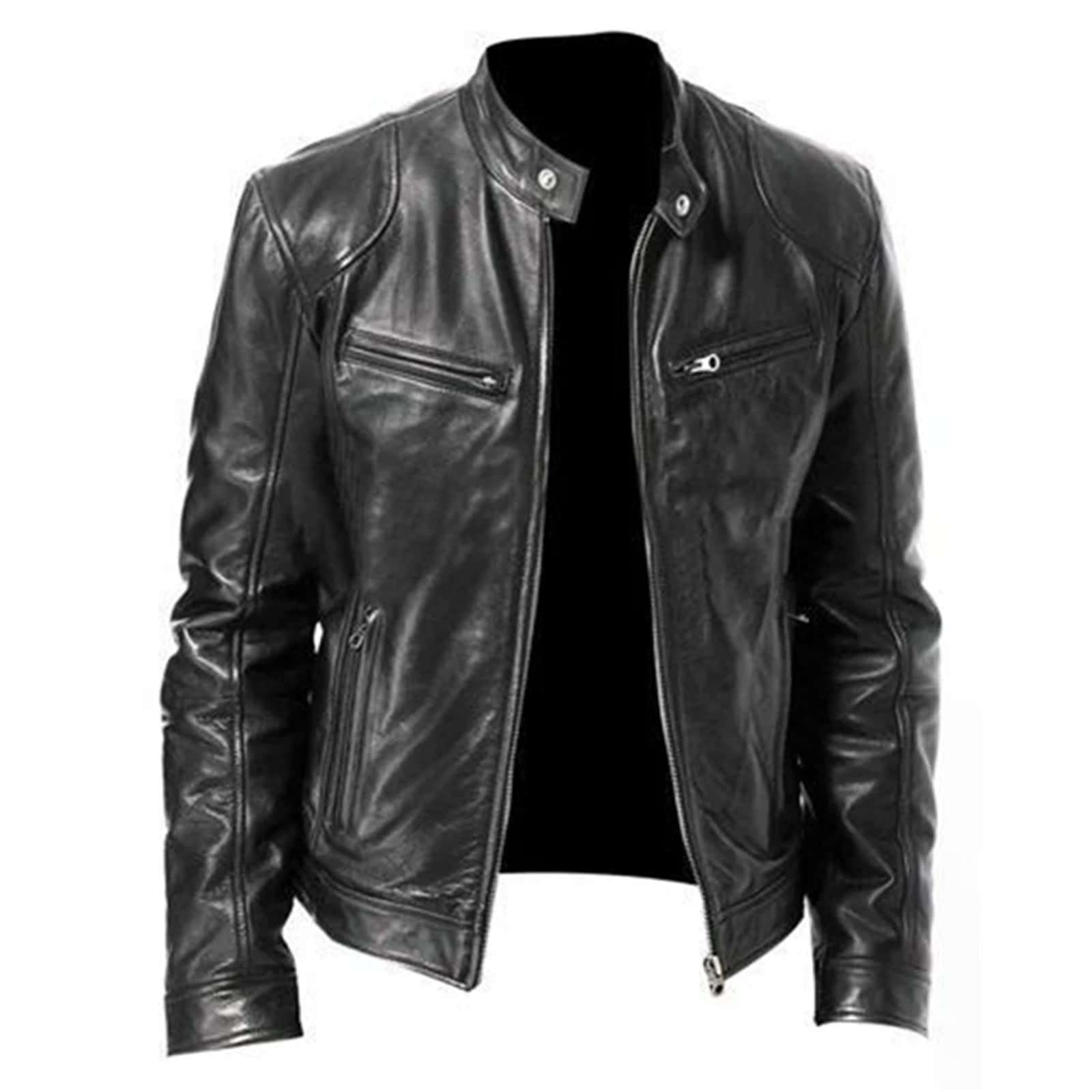 Autumn Male Leather Jacket Mens Stand Collar Coats Leather Biker Jackets Motorcycle Leather Jacket XXL Black