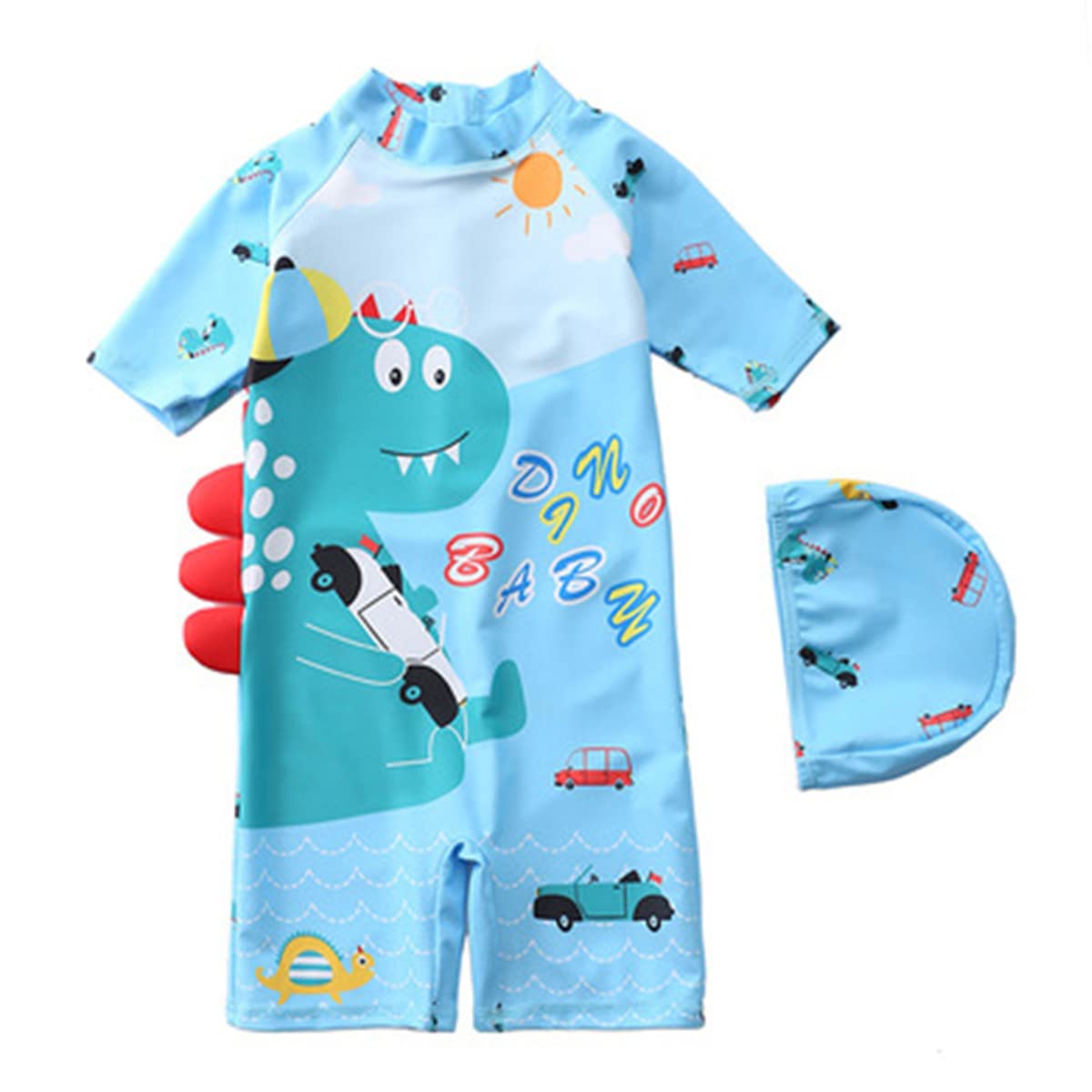 JELEUON Kids Baby Boys One Piece Cartoon Dinosaur Print Short Sleeve Swimsuits UV Rash Guard Swimwear Bathing Suits with Caps M
