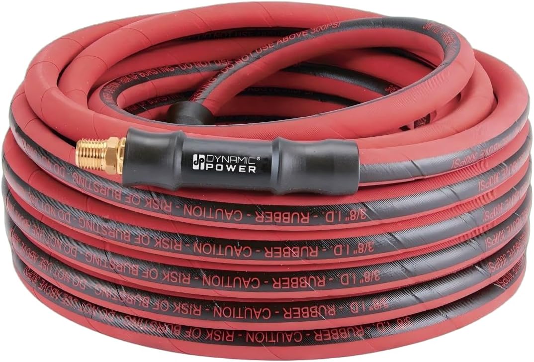 DYNAMIC POWER Premium Heavy-Duty Rubber Air Hose – 3/8" x 50 ft, Red, Flexible, High-Pressure, All-Weather Performance, 300 PSI