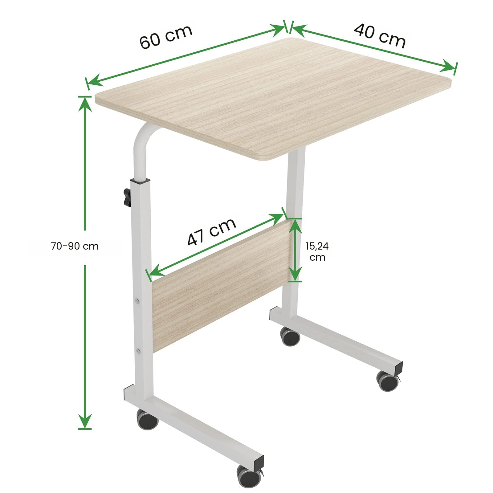 SogesPower Table d'appoint, Petite Table d'appoint, avec 4 roulettes pivotantes, Hauteur réglable, Bureau d'Ordinateur en Forme de C, 60 * 40*(71-90) cm