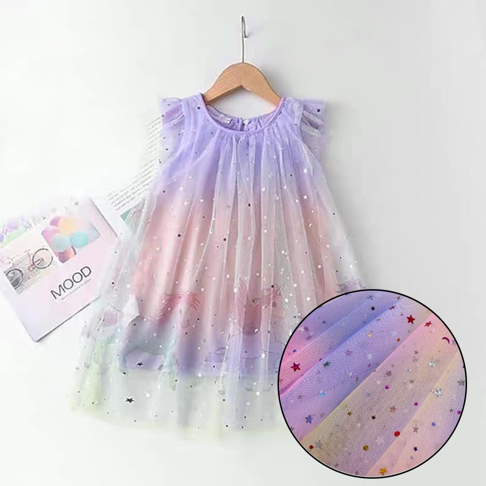25 Yards Regenbogen Tüllstoff 150cm Breit Glitzer Stern Mond Pailletten Netzstoff Funkelnder Mesh Spitzenstoff Organzastoff zum Nähen Dekostoff für DIY Basteln Hochzeit Party Hintergrund Kleid