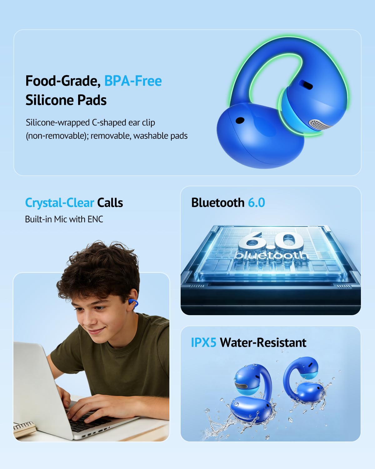 FOYCOY Auriculares abiertos para niños, con clip, límite de volumen de 85 dB, Bluetooth 6.0, micrófono integrado, tiempo de reproducción de 40 horas, almohadillas de silicona, IPX5, compatibles con