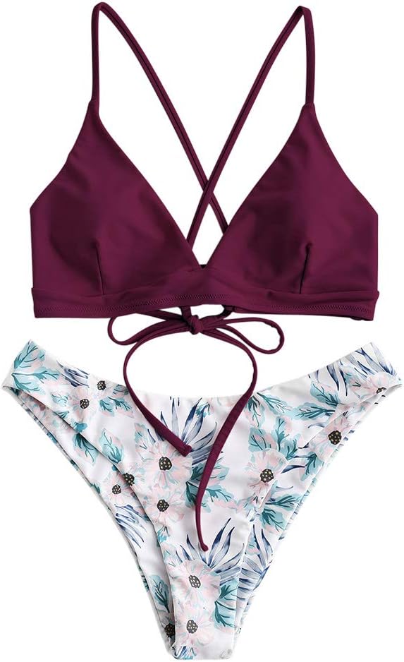 ZAFUL Women's Back Lace-up Swimsuit Flower Print Cheeky Thong Bikini (L, Flower & Purplish Red)