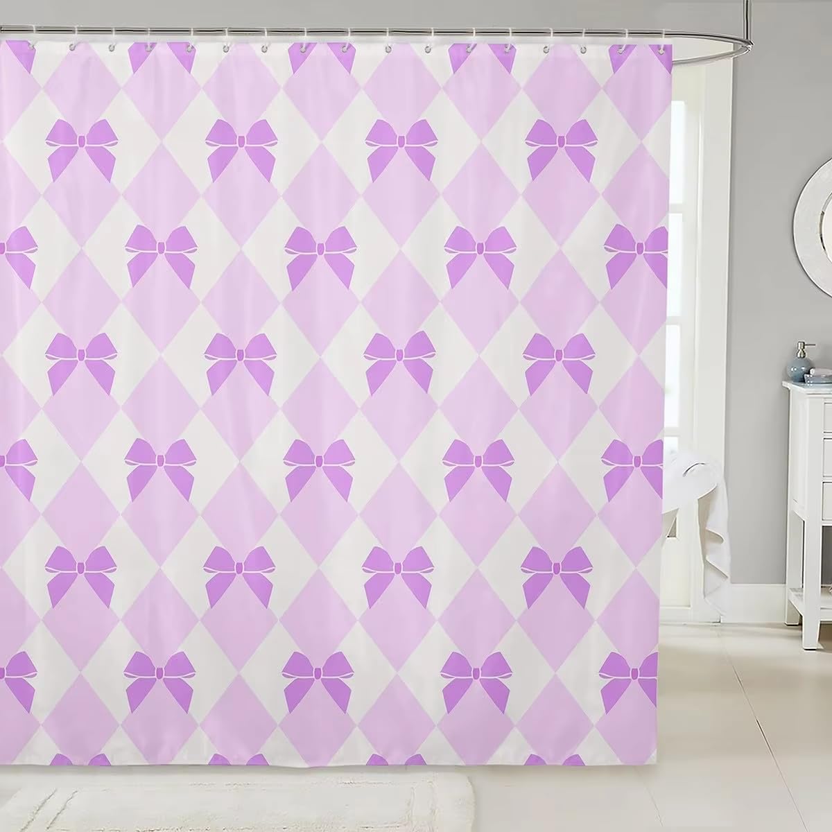 KELAIMI Argyle Bow Shower Curtain,Cute Coquette Style Geometric Bathroom Curtains,Simple Waterproof Polyester Fabric Bathtub Curtains with Hooks Purple 180X180Cm