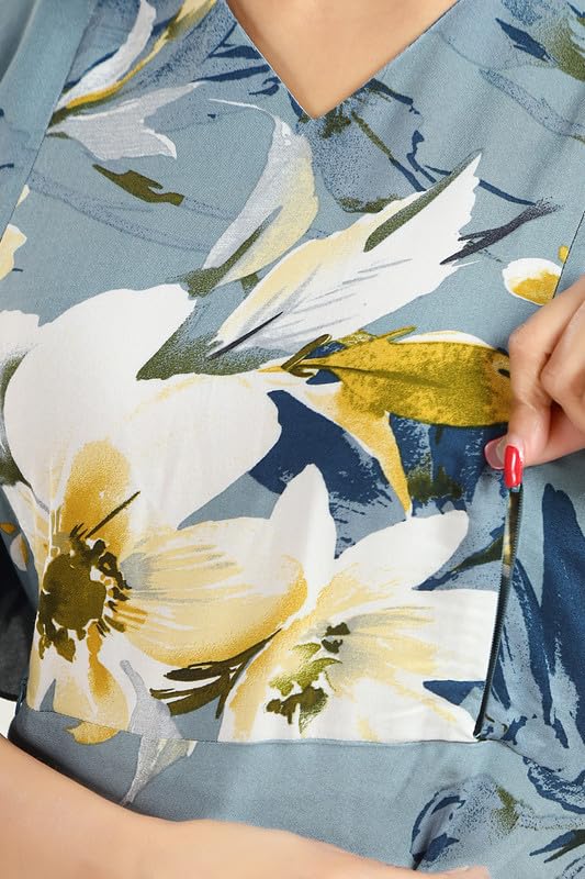 Image of CLOUD SOFT Women's Rayon Cotton Floral Printed Maternity Feeding Gown | Full-Length Nursing Nighty with Zipper | Pre & Post Pregnancy Dress (CS11004-5 MT All)