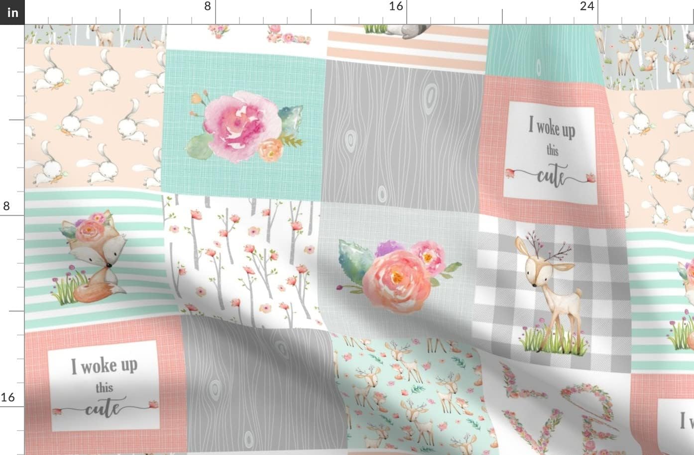 Spoonflower Fabric - Woodland Animals Girl Quilt Top Deer Fox Raccoon Patchwork Wholecloth Printed on Organic Cotton Sateen Fabric by The Yard - Sewing Quilting Apparel Home Decor