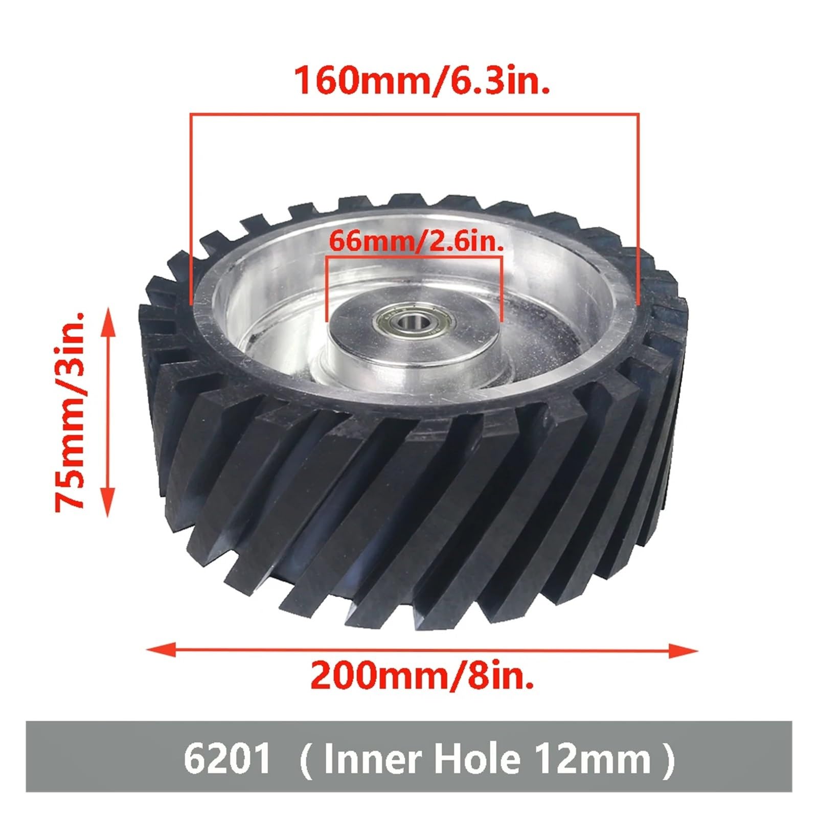 Roue de contact en caoutchouc dentelée 200 x 75 mm, équilibrée dynamiquement, for ponceuse à bande(6004 installed 20,Medium 70A)