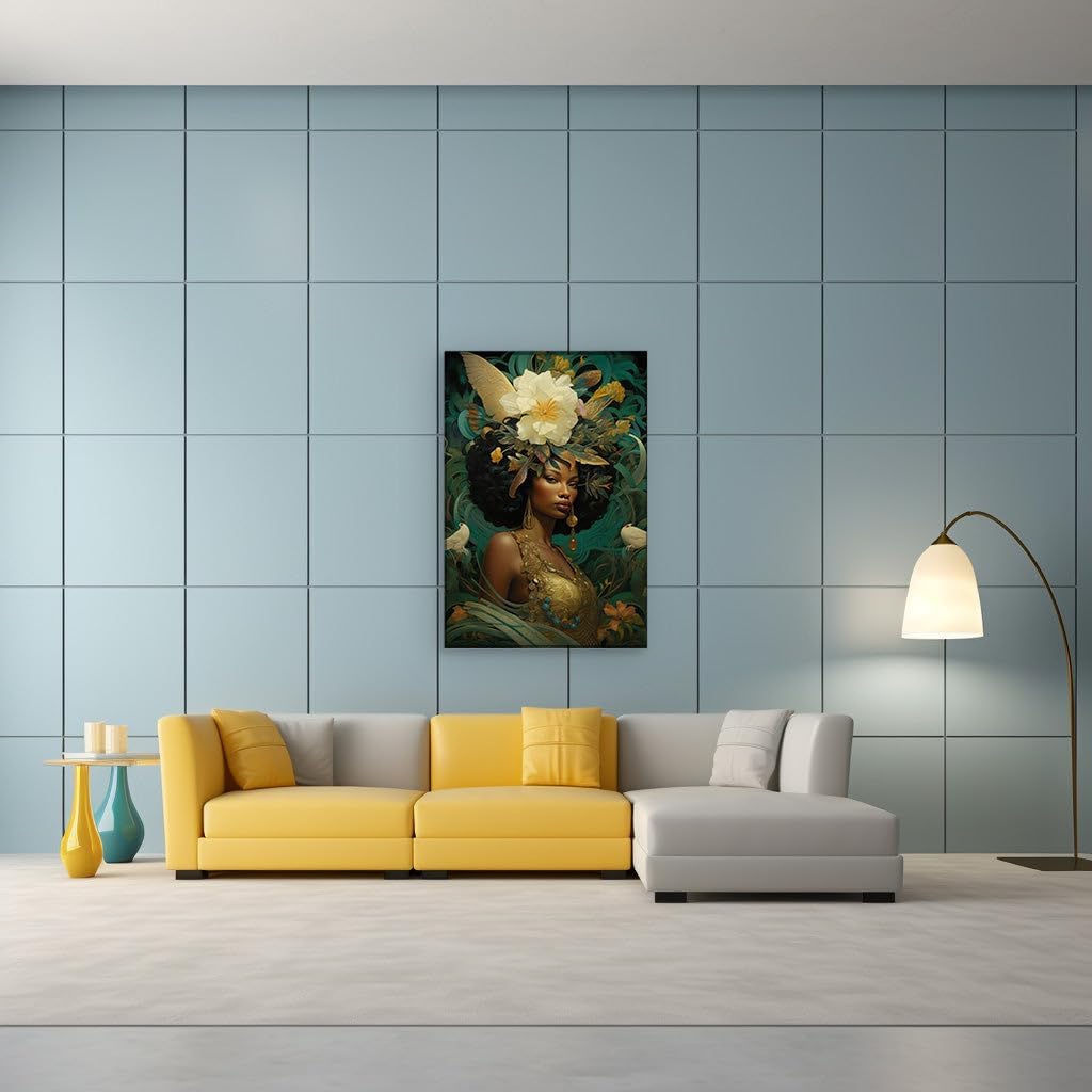 Canvas for Living room. Blooming Elegance: A Serene Portrait of a Woman Amidst Flight and Flora, 27 x 18 inch Canvas Wall Art - Contemporary Masterpieces - Modern Home Decor - 69x46 cm (27x18 inch)
