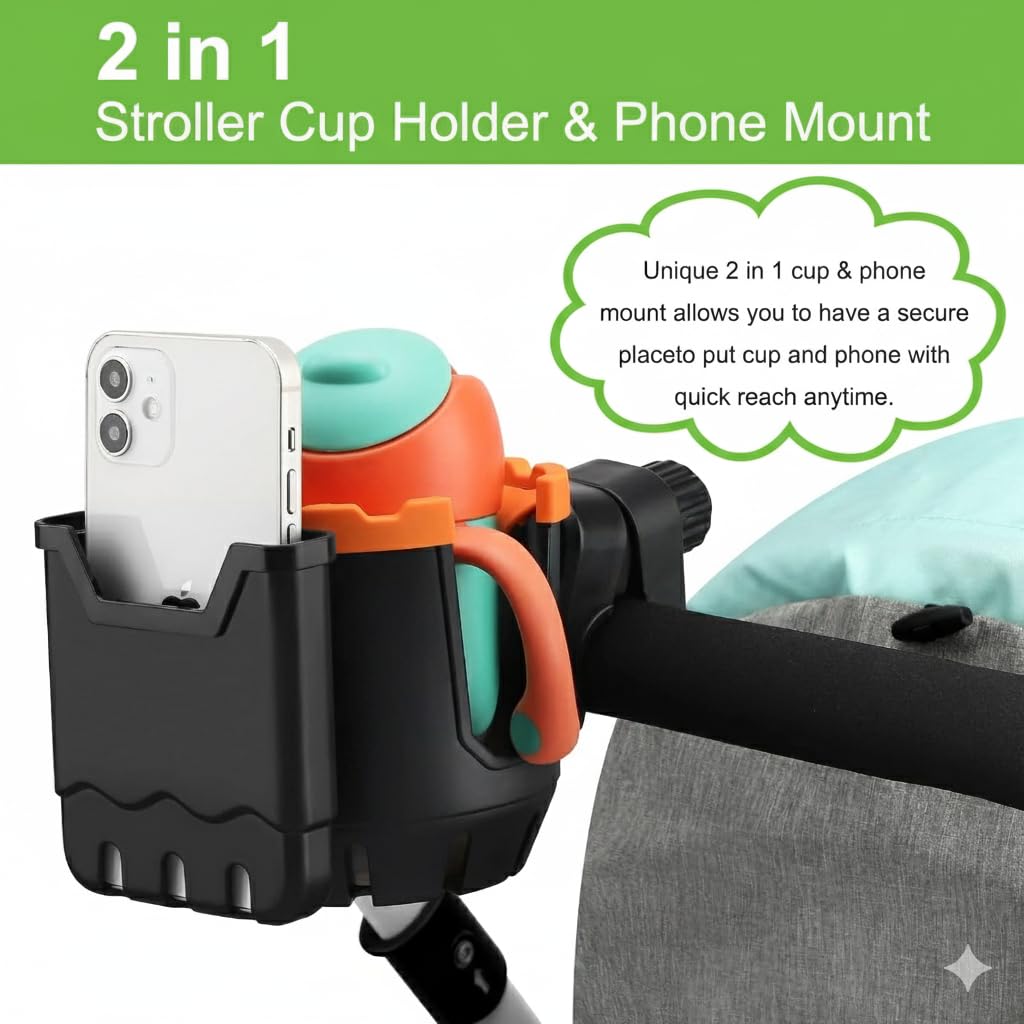 Safe-O-Kid Universal 2-in-1 Stroller Cup Holder with Phone Holder | Drink & Mobile Holder for Stroller, Bike, Walker & Wheelchair | Orange 2