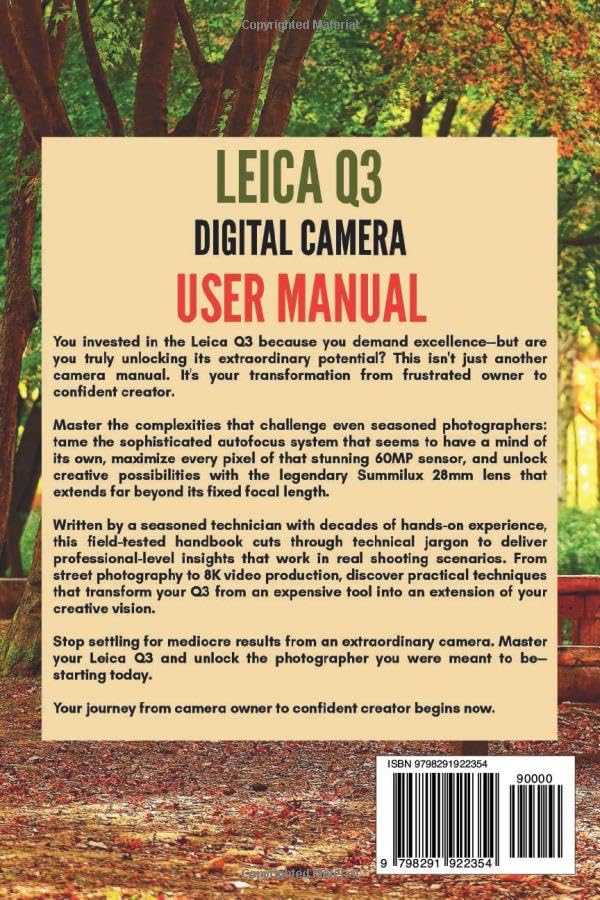 Back cover of the 'Leica Q3 Digital Camera User Manual' book, showing ISBN barcode and descriptive text.