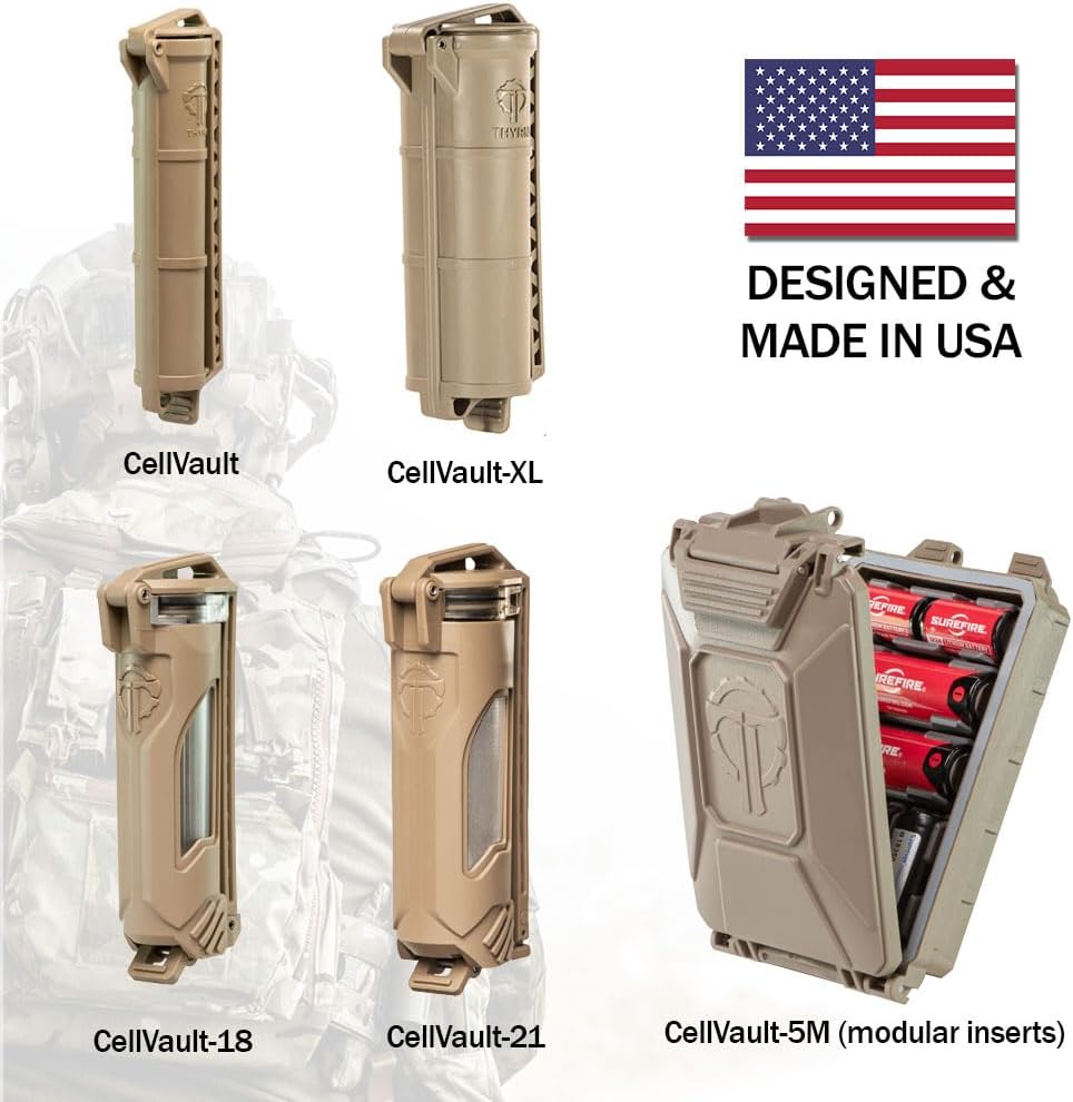 Thyrm CellVault XL Waterproof Battery Storage Case for AA, AAA, CR123, 18350, 18650 Batteries, MOLLE/PALS Mountable Battery Holder, Made in USA