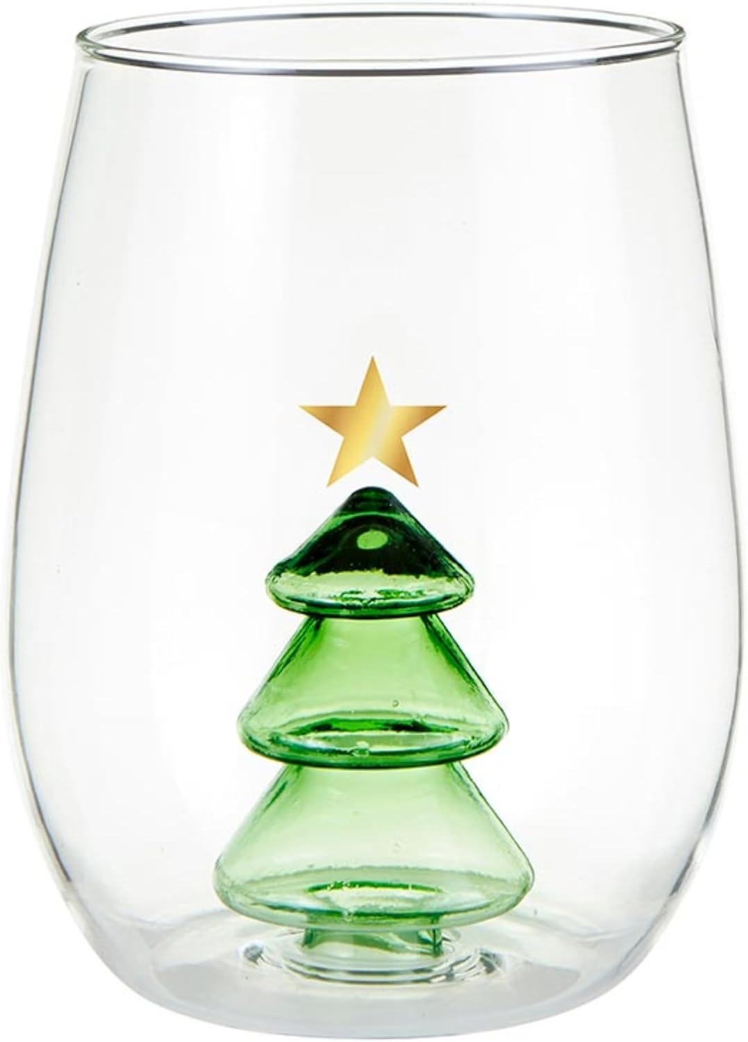 Slant Holiday Party Supplies - Wine Glasses Stemless Drinking Glass with 3D Figurine, 16-Ounce, Christmas Tree