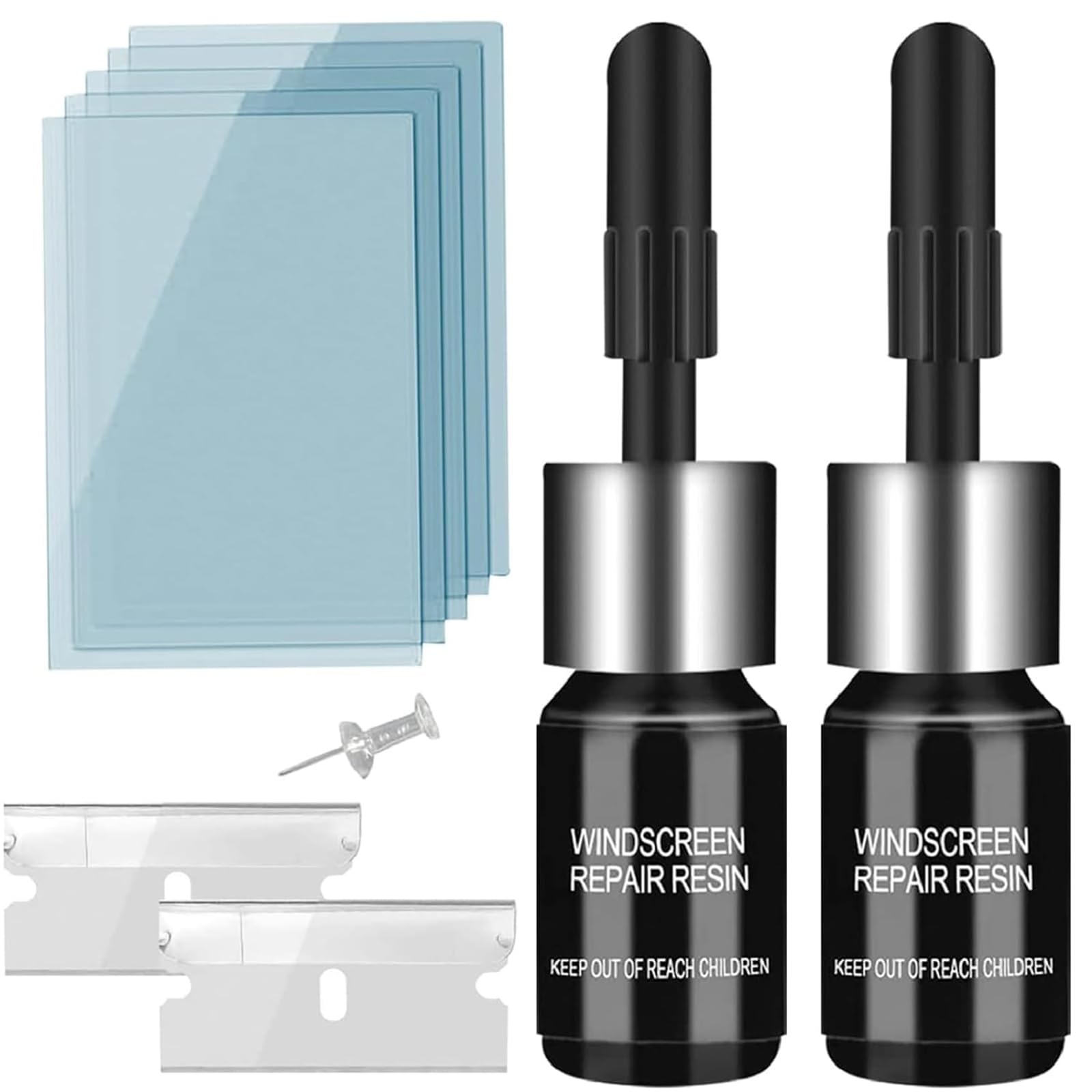 Windshield Crack Repair Kit, Windshield Repair Kit for Chips and Cracks, Glass Repair Fluid with 2 Bottles of Resin, Glass Repair Kit Windshield for Fixing Chips, Cracks, Bulls-Eye and Star-Shape Cack