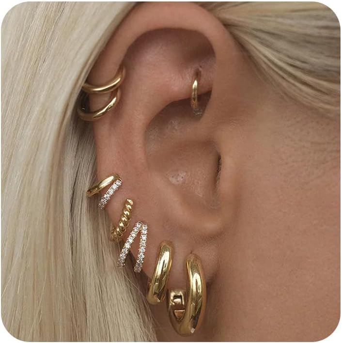 Gold Earrings Set for Women, 14K Gold Plated Stud and Cartilage Earring Sets for Multiple Piercing, Hypoallergenic Stackable Small Gold Huggie Hoop Earrings for Women Jewelry