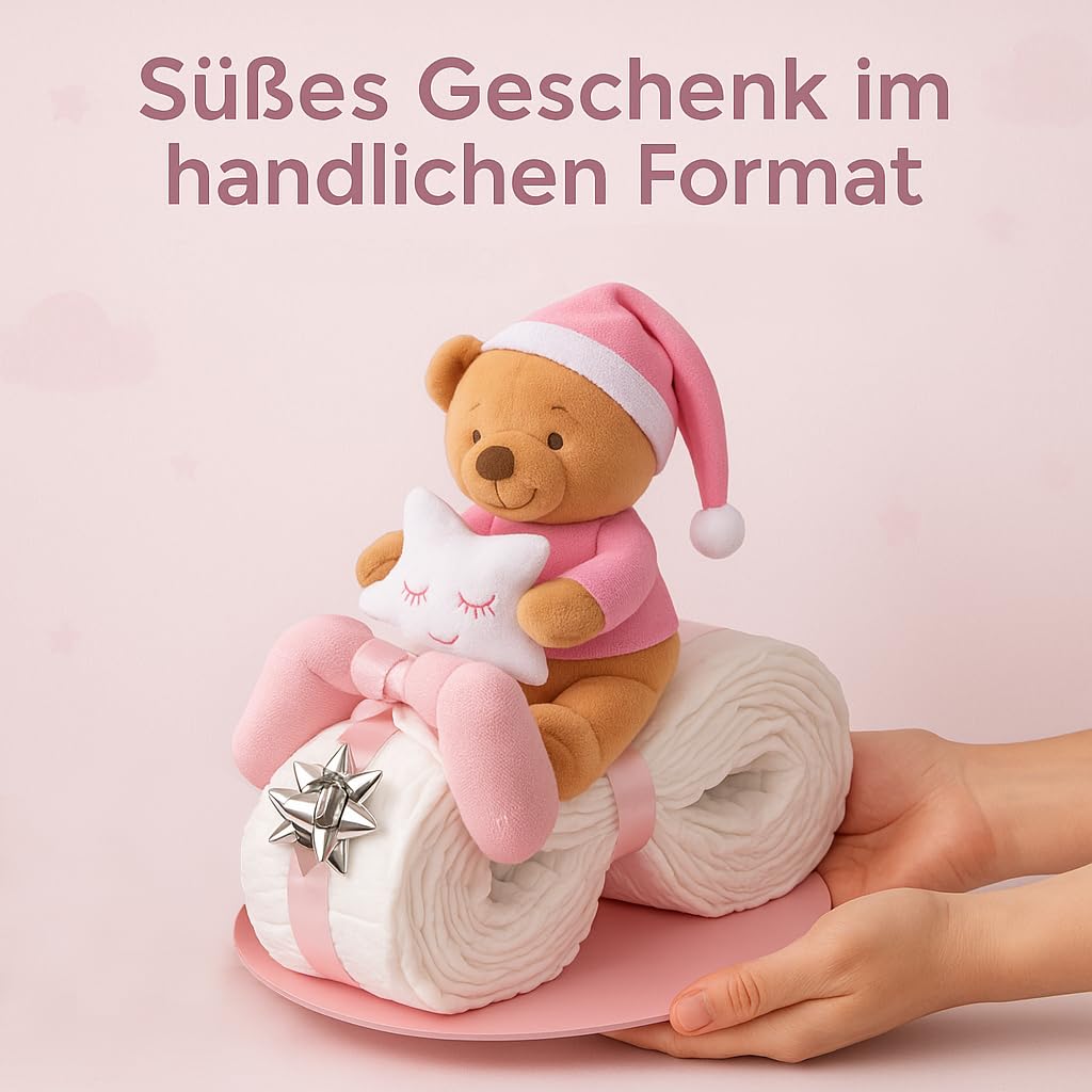 Tort z pieluchami dla dziewczynek w kolorze różowym – motocykl z pluszakiem, prezent z okazji narodzin i chrztu – ręcznie wykonany tort z pieluchami dla niemowląt, pieluchami z gazy i kartką z