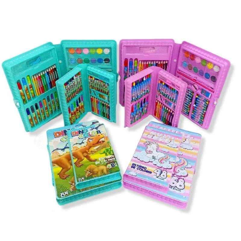 Kit de Arte Unicolors, 48 Peças, Estojo Mágico Multicolor com Lápis, Giz de Cera e Aquarela, Rosa