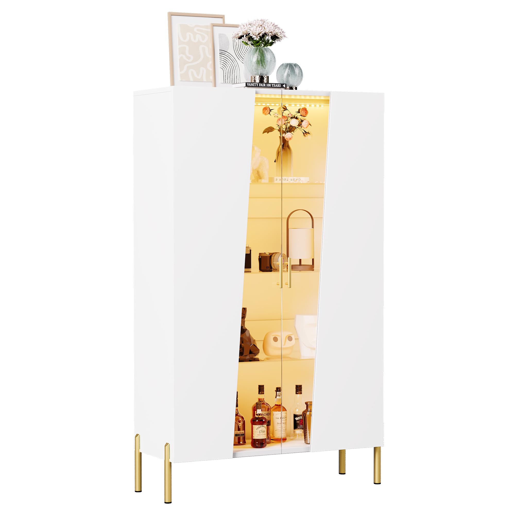 Shye Armario de cristal 72 x 40 x 145 cm con puerta de cristal templado asimétrico, 3 estantes de cristal, tirador de metal y patas de metal, para vitrina, comedor, estantería, color blanco