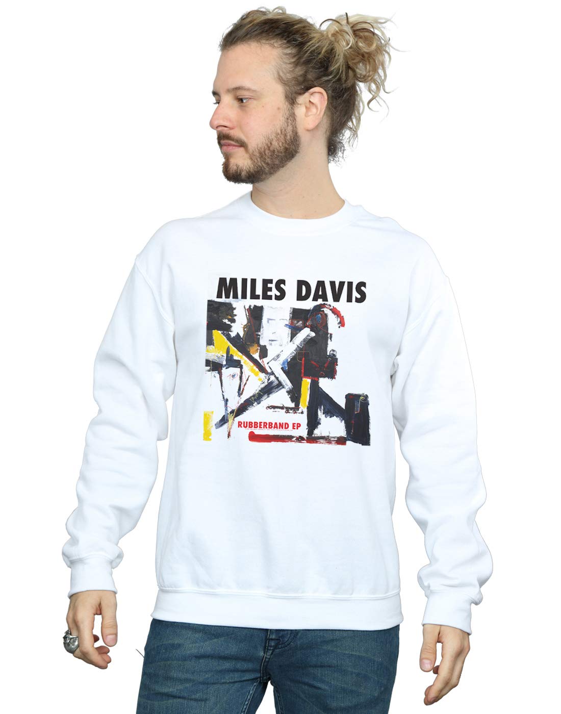 Absolute Cult Men's White Official Licensed Disney Miles Davis Rubberband Ep Sweatshirt - Soft Fleece Crew Neck Sweatshirt, Front Graphic Print, Warm Jumper, Fan Gift, Available In Multiple Uk Sizes
