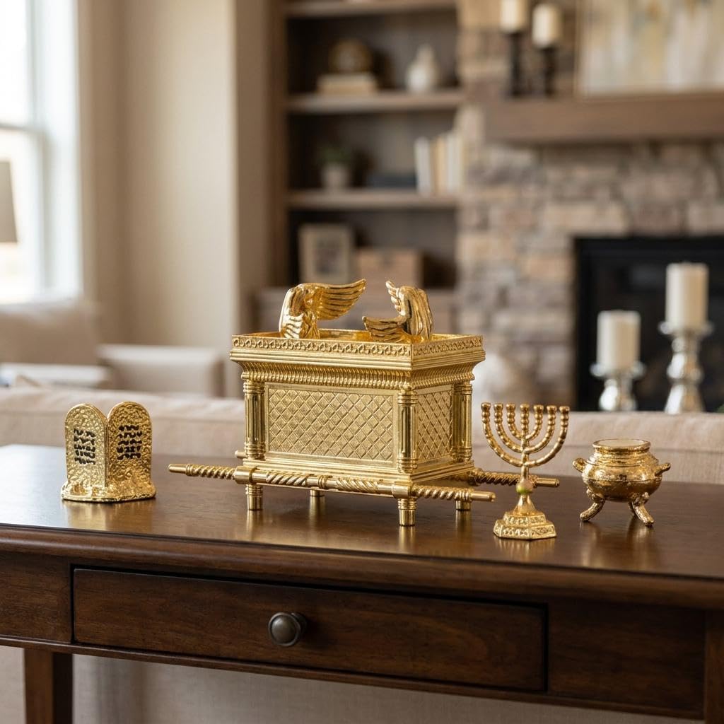Metal Religious Figurine Covenant Ark Sculpture Set, Gold Plated Israel Home Décor Faith Ornament, Miniature Judaica Statue Without Base for Table Decoration