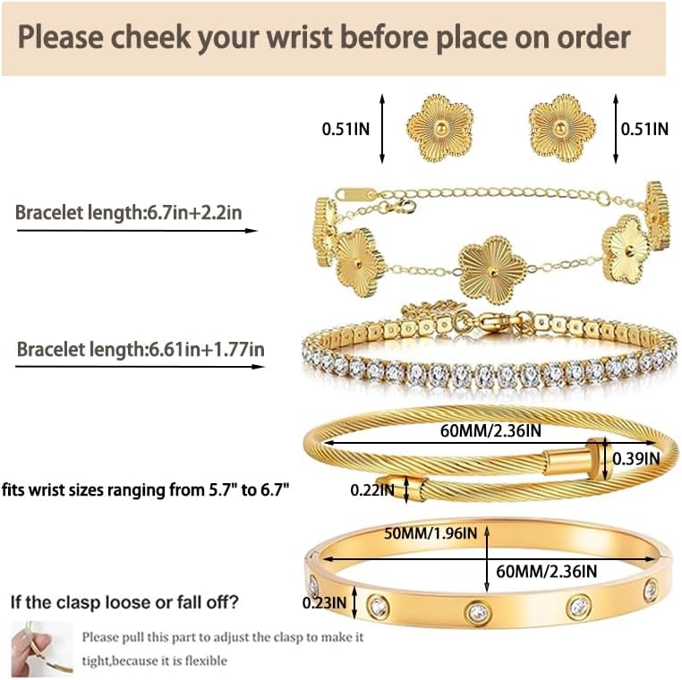 Freinit Bracelets and Earrings Set for Women 5Pcs 18K Gold Plated Nail love Bangle Bracelet Set Adjustable Bracelet Stackable Flower Tennis Bracelet Gifts for Christmas Valentines Women's Day and Mother's Day - Image 2