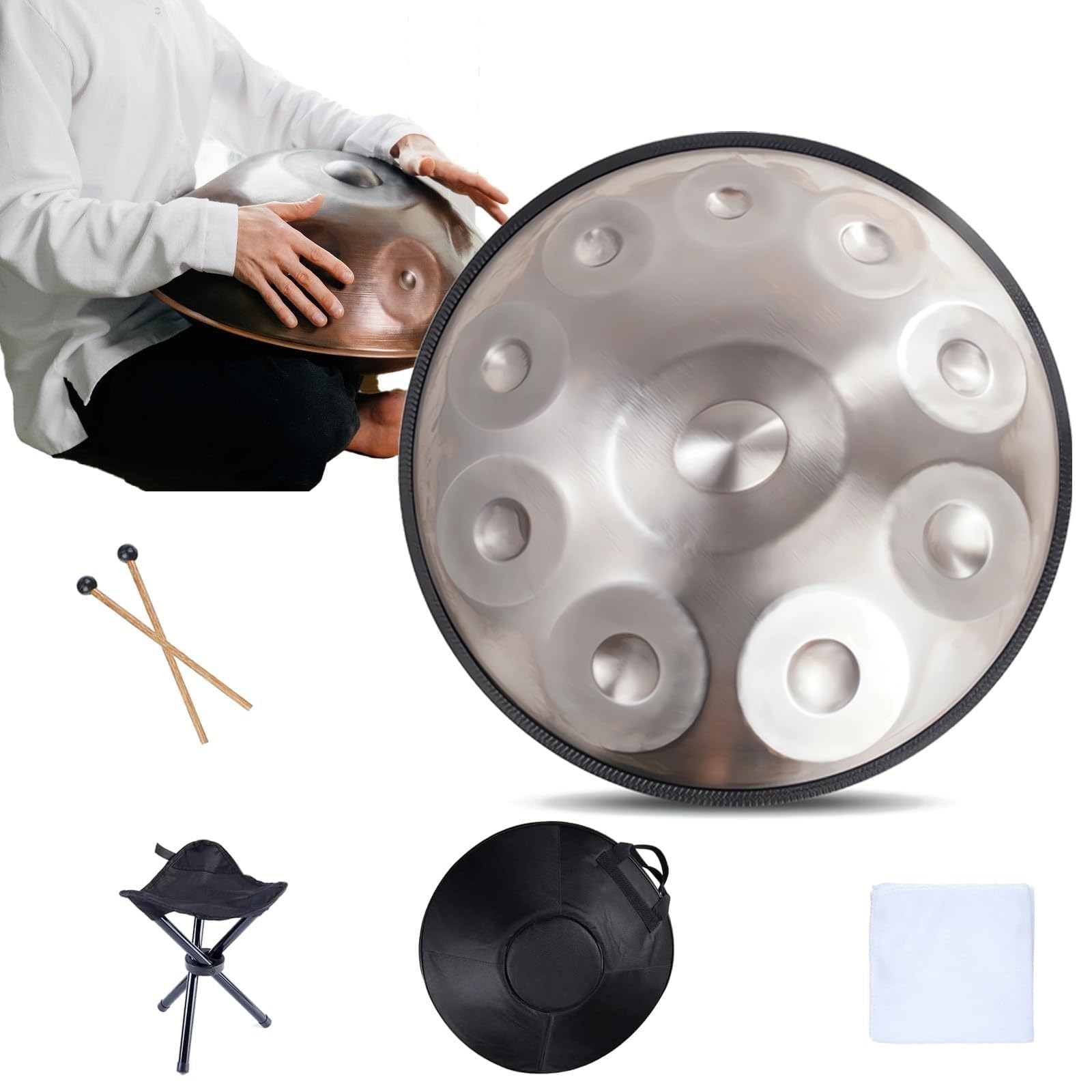 Strumento a percussione in Acciaio Handpan, 9/10/12 Note in re curdo minore, 432 Hz, con Custodia, 2 Bacchette e Supporto (re, 9 Note)