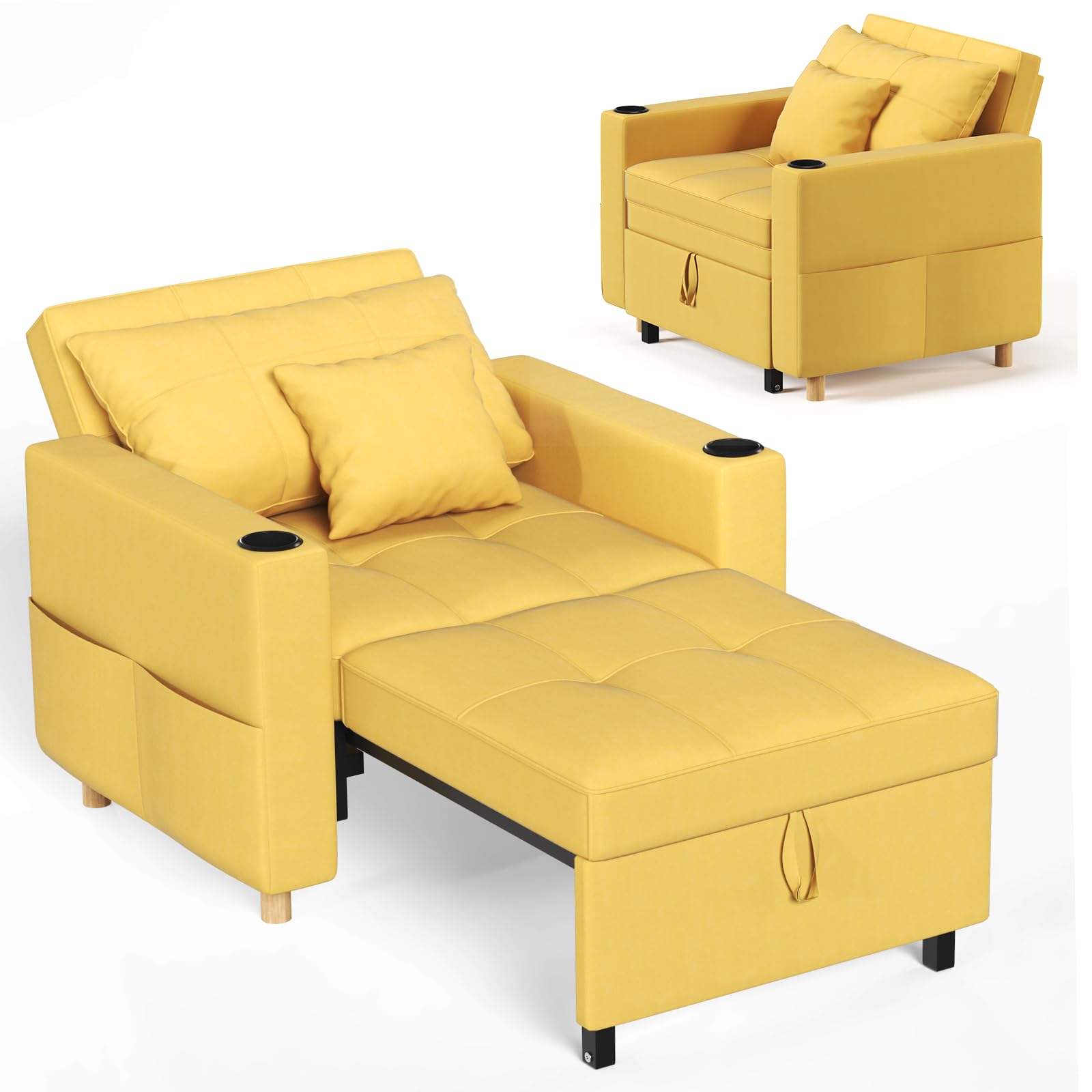 YODOLLA 3-in-1 Convertible Sleeper Chair Bed, 192cm Adjustable Single Sofa Armchair with Side Pocket, Pull Out Sleep Chair,Yellow