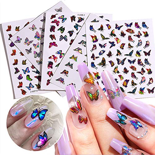 Laser Butterfly Nail Art Stickers Nail Art Supplies 3D Butterfly Designs Nail Decals Charms Butterflies Self-adhesive Stickers Cute Foil Tattoo Holographic Manicure Decorations Accessories 5 Sheets