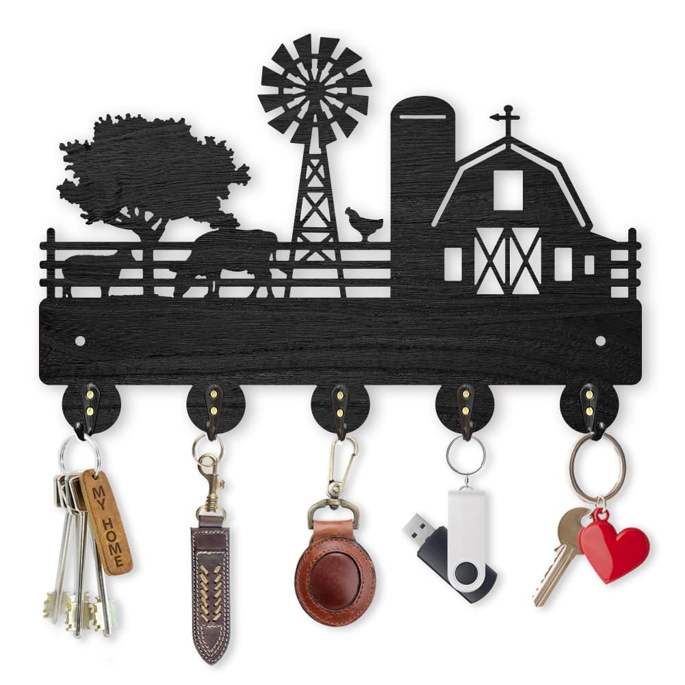 MAYJOYDIY Farm Cow Sheep Wooden Key Hooks Farmhouse Animal Wall Mounted Key Hanger 30×20cm 5 Alloy Hooks for Gift Entryway Hallway Kitchen Room