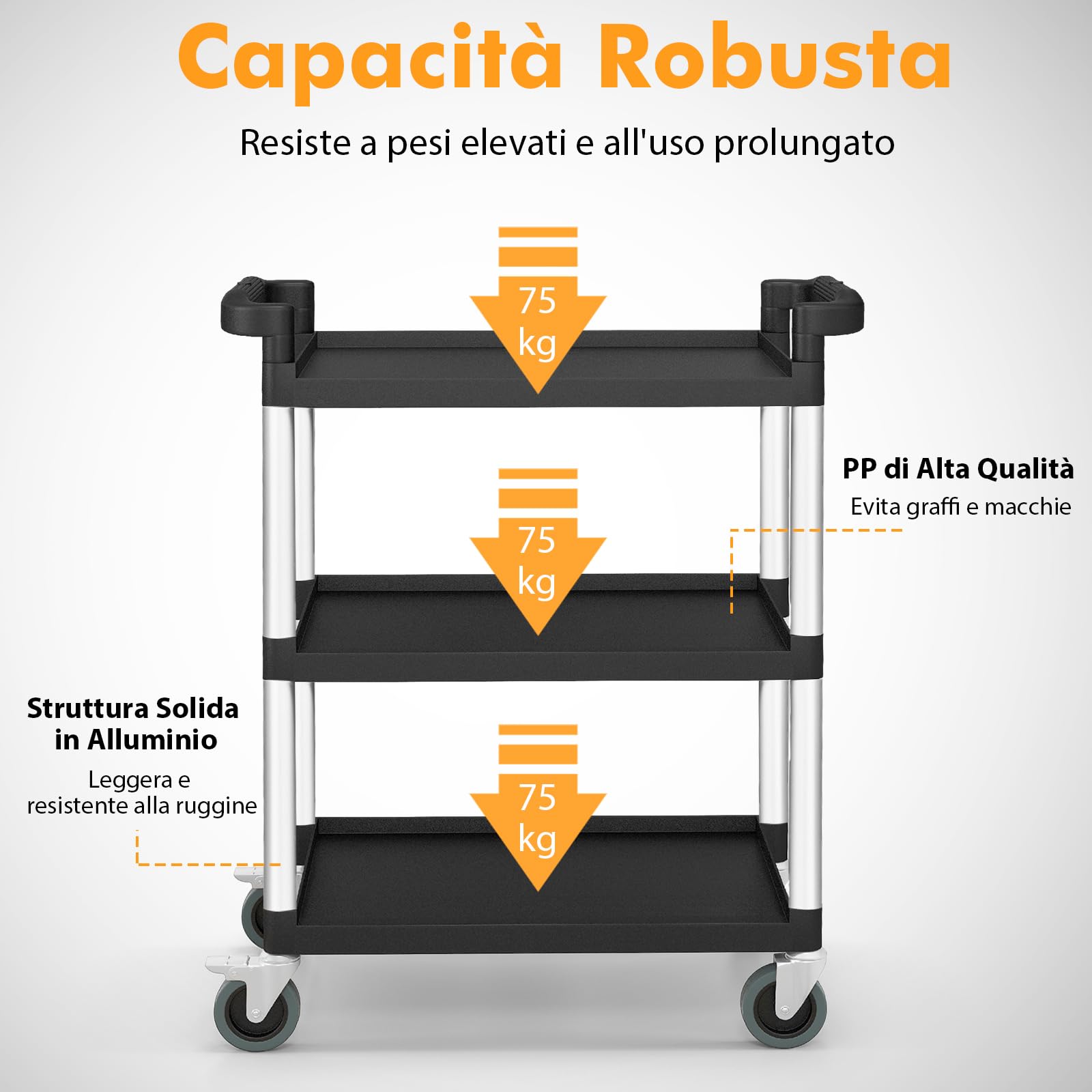 RELAX4LIFE Carrello di Servizio a 3 Livelli, Carrello in Alluminio con Ruote Universali e Bloccabili, Mobile per Cucina, Soggiorno, Ristorante, Hotel, Ufficio