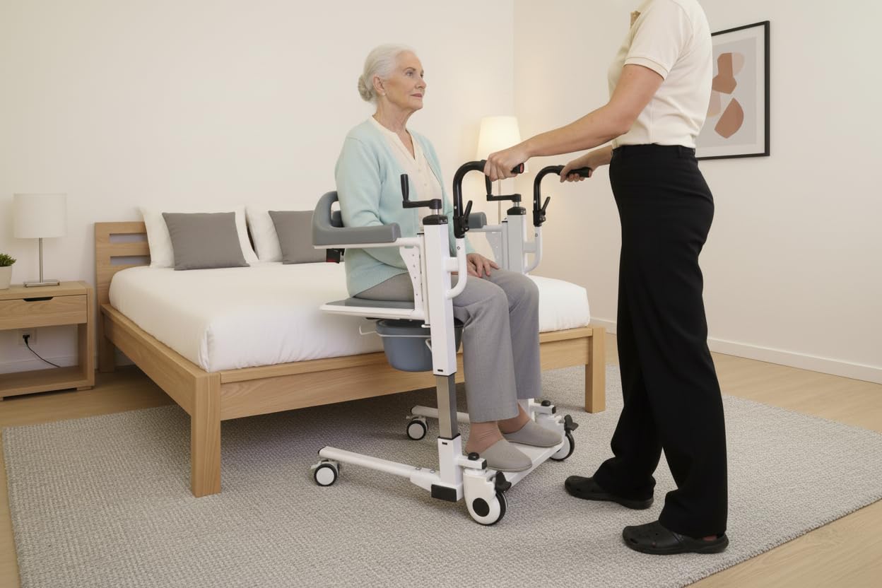 KMINA Sedia di Trasferimento per Disabili e Anziani (Sedile 58 cm), Comoda con Ruote Larghe, per WC e Bagno, Non Adatta per Doccia