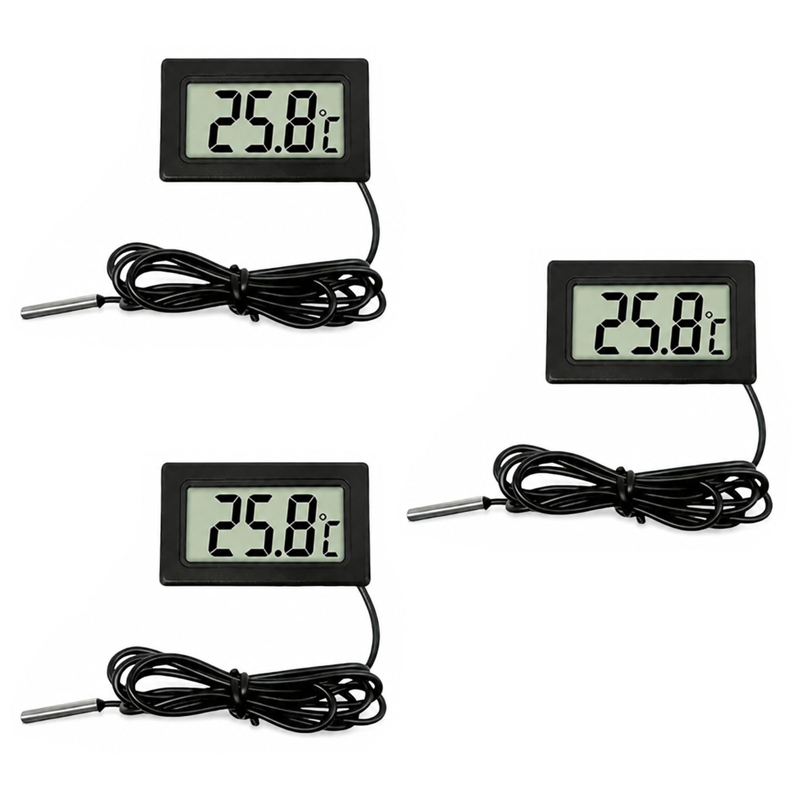 3 Stück Digitales LCD Thermometer, Thermometer mit Externem Sensor 1m Kabel, Temperaturmessgerät -50°C bis 110°C für Kühlschrank Aquarium, Präziser Temperatursensor mit LCD Anzeige für Haushalt