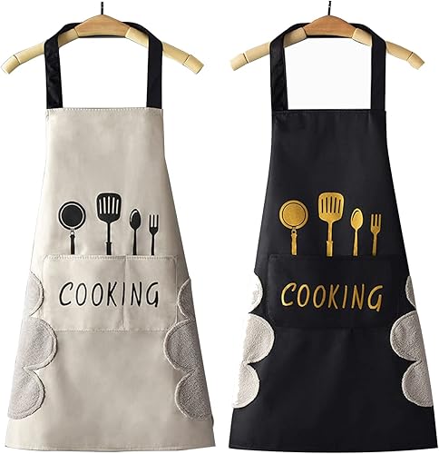 Miniatura 7 de DILLMAN Women Kitchen Apron with Hand Wipe Pockets，Big Pocket,Hand-wiping, Waterproof for Cooking Baking Negro + Blanco,Negro -,Negro + Negro,Azul +