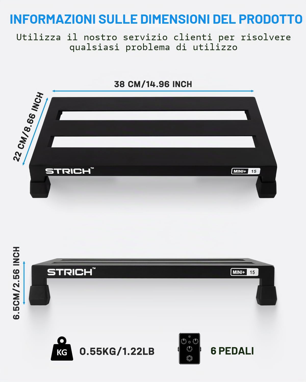 STRICH Pedaliera Chitarra, Pedaliera Chitarra Elettrica in lega di alluminio, 500 g, effetto super leggero, 38 x 21 cm, con borsa per il trasporto, MINI+ 15