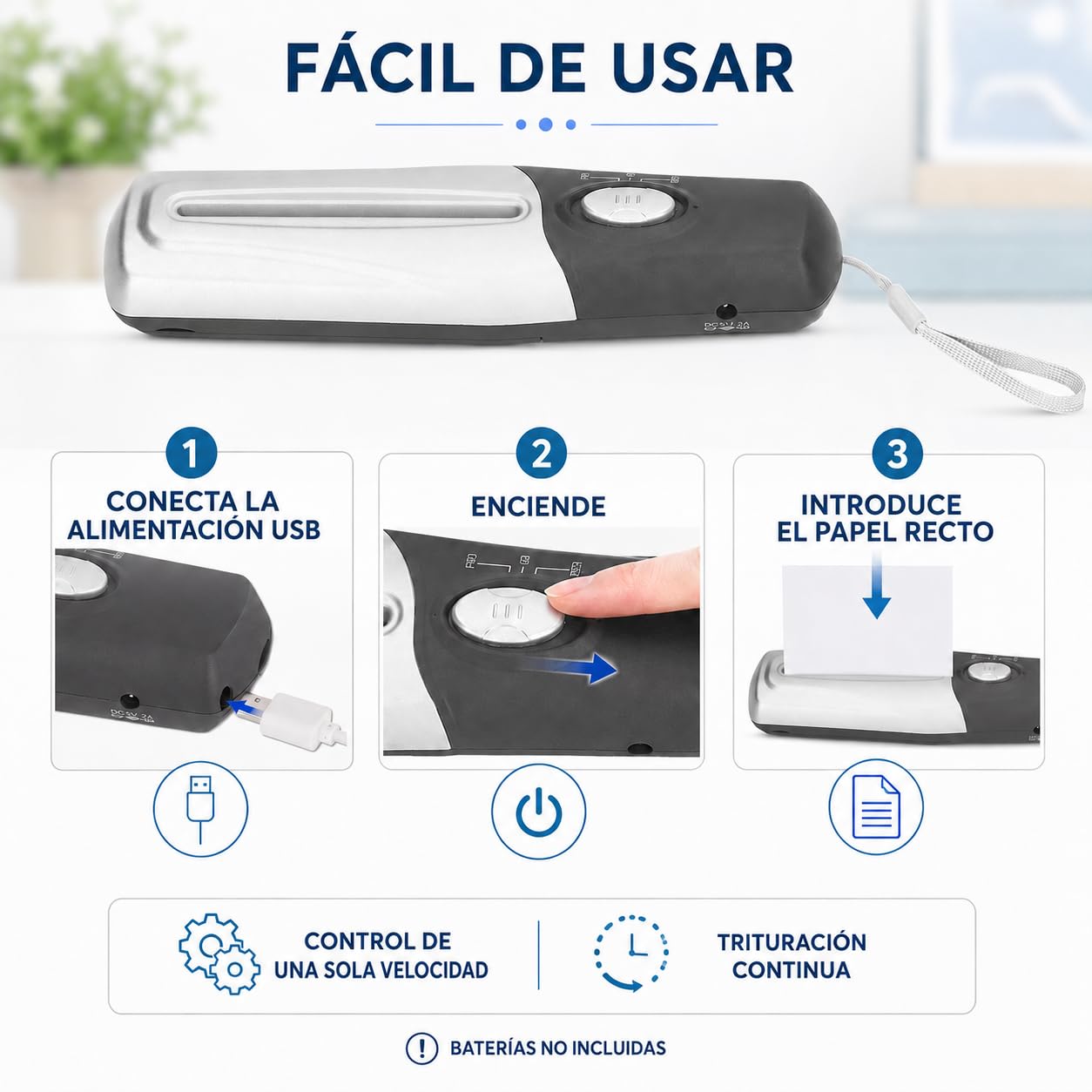 Trituradora de Papel Eléctrica Portátil Mini USB, Destructora eléctrica de Documentos y Papel para Oficina, Escuela y Casa, 4mm