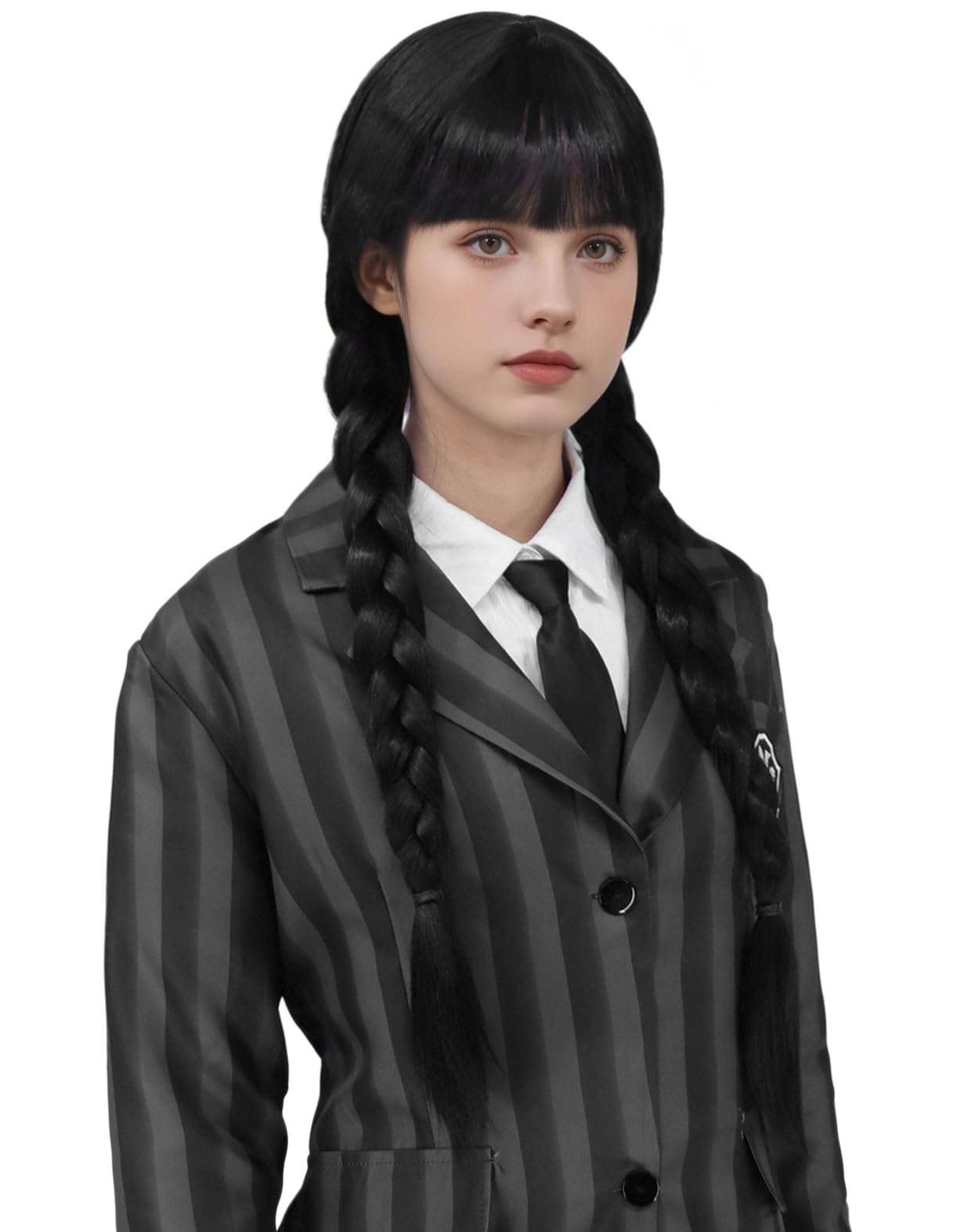 JZ025BK - Pelucas negras trenzadas para disfraz gótico para mujer, linda peluca negra suave con flequillo para disfraz de Halloween Cosplay