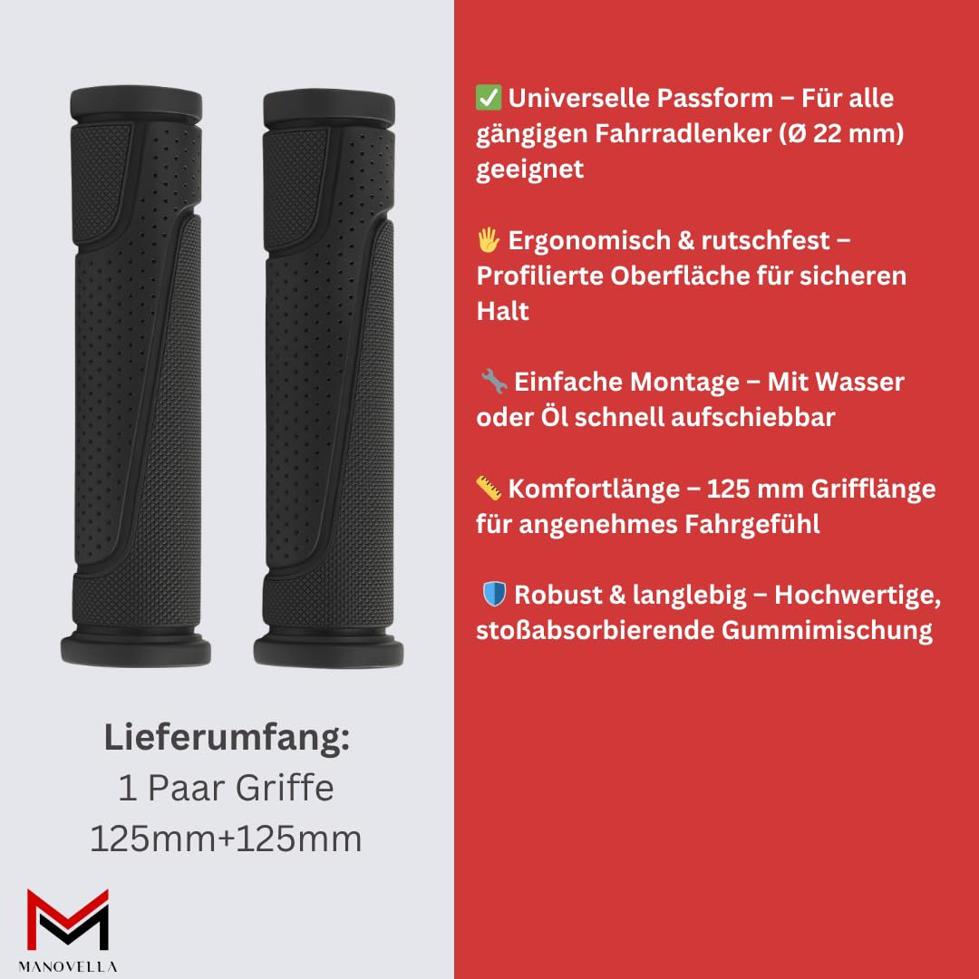Manovella Fahrradgriffe 125 mm ergonomisch rutschfest 22 mm Schwarz 1 Paar Sport & Freizeit