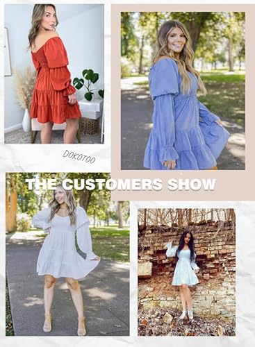 Dokotoo Women's Ladies Spring Casual Summer Dresses Casual Sexy Off The Shoulder Square V Neck Flared Lantern Long Sleeve Cute Ruffle Smocked Elegant Mini Short Skater Dresses For Women Brown Large #TOP4