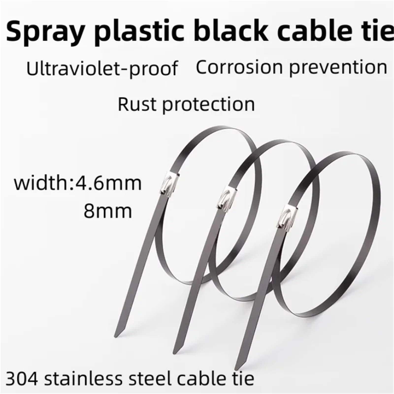 Bridas de acero inoxidable Bridas de acero inoxidable de 10 a 100 piezas, color negro, con cierre metálico, multifuncionales, de 4,6 mm.(100PCS,4.6x500mm)