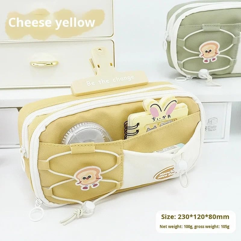 Image of Canvas School Bag Pencil Case, 3 Layer 6 Compartment Large Capacity, Aesthetic Pencil Pouch for Stationary, Cute Stationery for Kids, Pencil Case for Girls & Boys (Nice Day Yellow)