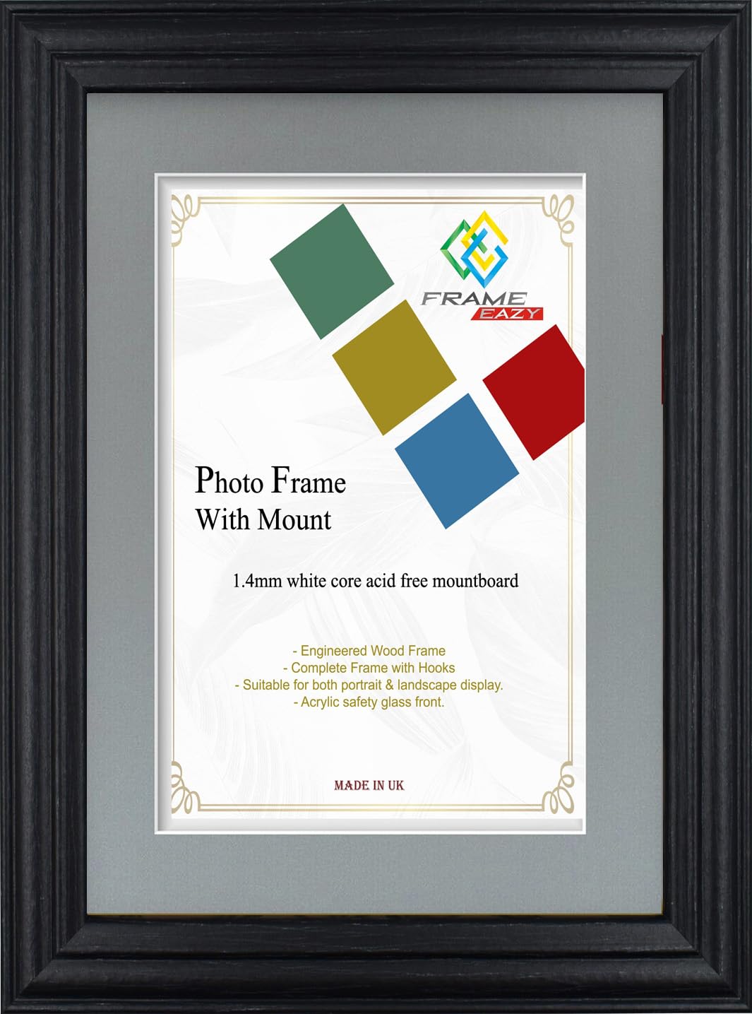 FRAME EAZY Black 14x11 Photo Frame with 11x9 Grey Mount - Antique Style Picture Frame With Safe Perspex Front - Frame 14" x 11" For Picture Size 11" x 9"