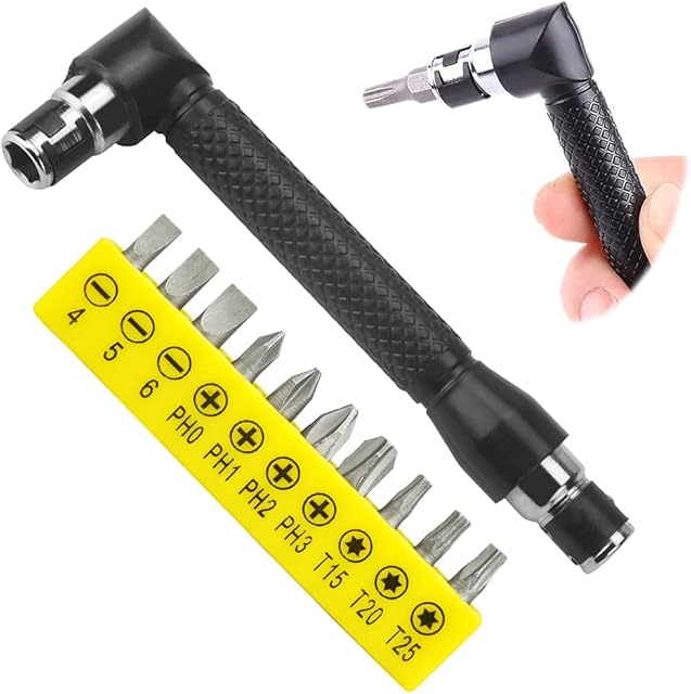 WENRERO L-Shaped Socket Wrench Double-Headed Extension Handle Screwdriver Spanner 90 Degree Right Angle Screwdriver Adapter Utility Tool with 10 PCS Various Angled Screwdriver Bits, 1/4'' Hex Shank