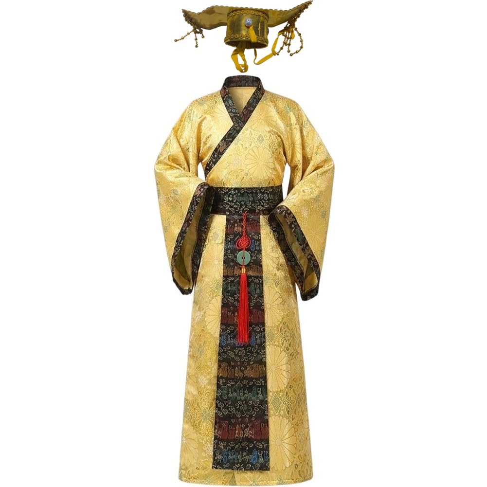 Déguisement d'empereur avec chapeau tenue traditionnelle de roi chinois