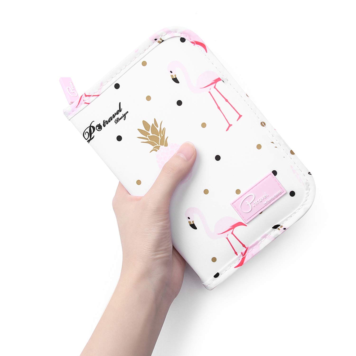 Passport Wallet Holder for Men&Women,RFID Blocking Travel Waterproof Credit Card&Money Bag Multifunctional Family Zipper Passport Case Electronic Storage Organizer (White Pineapple Flamingo)