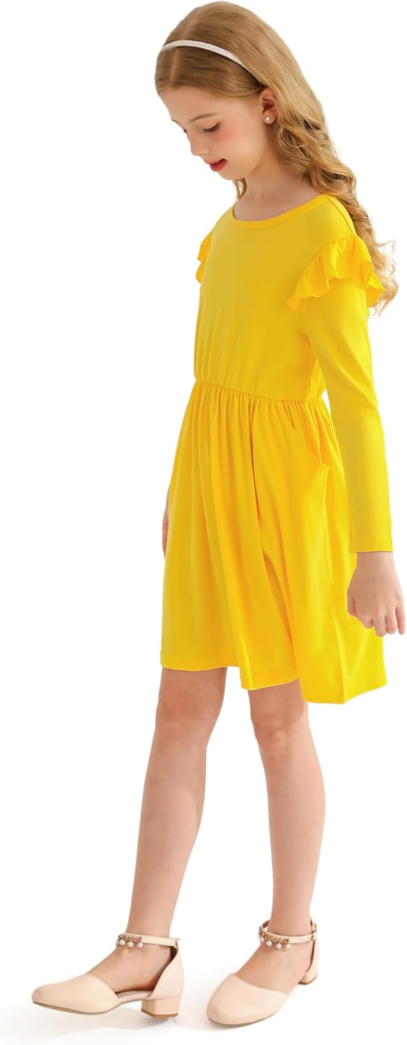 Girls' Long Sleeve Ruffle Trim Dresses Elastic Waist Knee Length Scoop Neck Casual Dress - Image 2