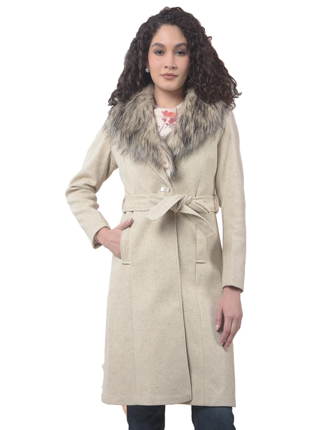 crimsoune club Women's Beige Belted Over-Coat-picture-25
