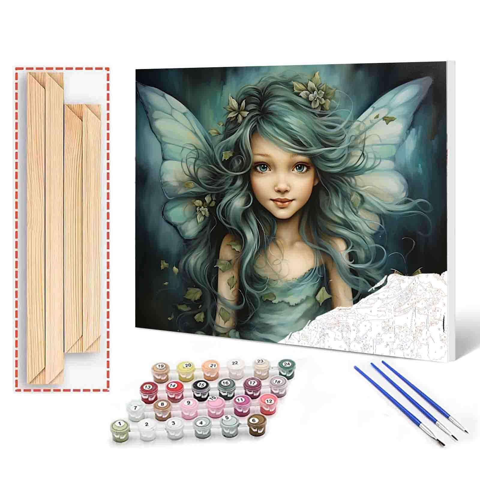 Girl Angel DIY Paint by Numbers for Adults Beautiful Girl with Blue Wings DIY Digital Oil Painting Acrylic Paint Flowers Painting Kits Canvas With Acrylic Paint Room Decor 16x20 Inch (DIY Frame)